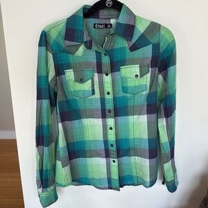 Cruel small western bright greens and blue snap button down